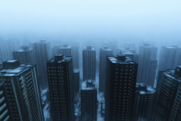 A city skyline with snow on the buildings and a foggy atmosphere