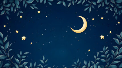 Fototapeta premium Crescent moon and stars shining over night sky with leaves frame with copy space