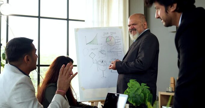 Indian Asian senior business professional or businessman explaining strategy on a whiteboard while colleagues stand nearby observing and discussing ideas in a modern corporate office, side angle view