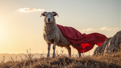 Fototapeta premium Superhero sheep on hill at sunset with flowing cape
