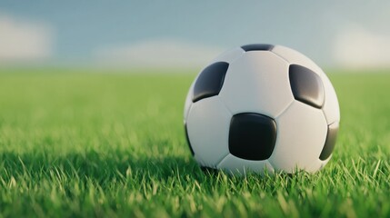 Fototapeta premium Soccer Ball on Green Field: A classic black and white soccer ball rests on a vibrant green field under a bright, sunny sky, ready for the next big game.