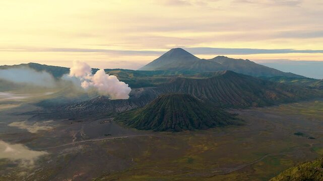 active, adventure, aerial landscape, aerial view, asia, bromo, bromo volcano, cloud, cloudy, destination, drone, east java, eruption, fog, hiking, indonesia, island, java, landmark, landscape, light, 
