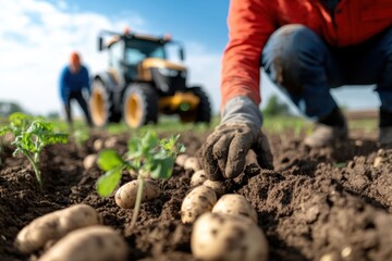 Fototapeta premium A close-up of farmers planting potatoes in rich soil with the help of a tractor, emphasizing the labor and technique behind successful crop cultivation.