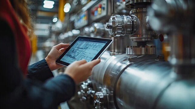 Factory worker using tablet, industrial plant background