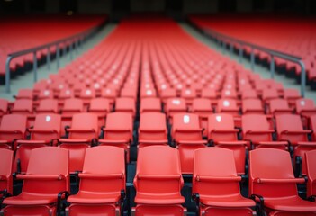 Red tribunes. seats of tribune on sport stadium. empty outdoor arena. concept of fans. chairs for audience. cultural environment concept. color and symmetry. empty seats. modern stadium