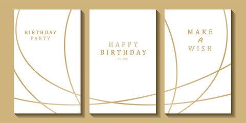Set of luxury birthday cards on a white background. Modern gold and white design. Golden elegant geometric pattern, gold line on light background. Premium design illustration for birthday party.