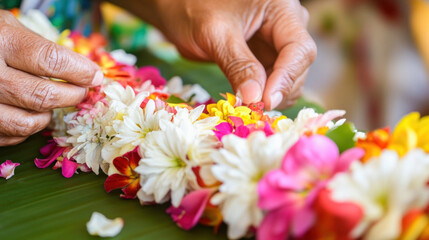 Florist making traditional hawaiian lei with colorful tropical flowers