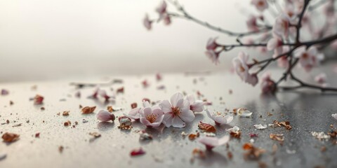 Cherry blossom fragments and debris scattered on a misty morning surface, reflective surfaces, natural elements, mist