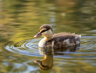 Fototapeta premium Cheerful wood duck duckling gliding on tranquil water with clear reflection, glide, wildlife
