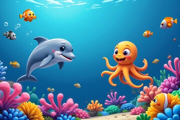 Fototapeta premium Adorable Cartoon Dolphin and Octopus in Vibrant Underwater Scene with Colorful Coral Reef