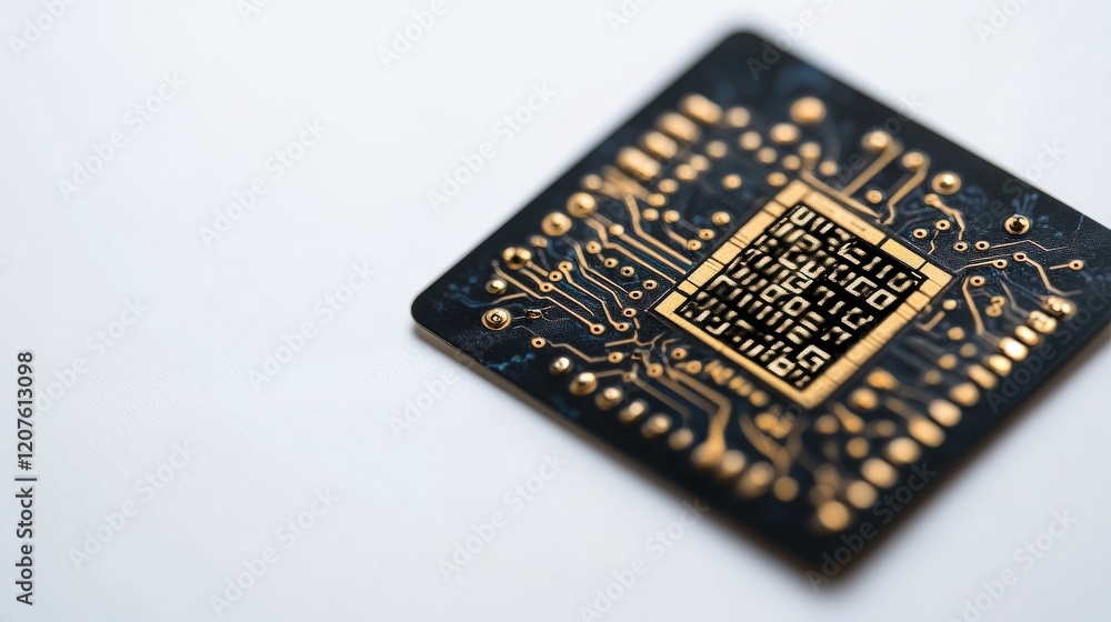 Aufkleber Close-up of a microchip with intricate gold circuitry design on a dark background showcasing technology and innovation in modern electronics.