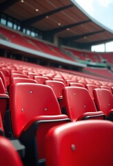 Fototapeta premium Red tribunes. seats of tribune on sport stadium. empty outdoor arena. concept of fans. chairs for audience. cultural environment concept. color and symmetry. empty seats. modern stadium