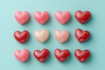 Flat lay of pink and red heart-shaped candies on a pastel-colored surface.