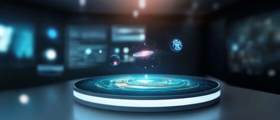 Objects levitating in a zero-gravity cosmic station glowing softly as vibrant galaxy swirls and luminous celestial bodies dominate the scene