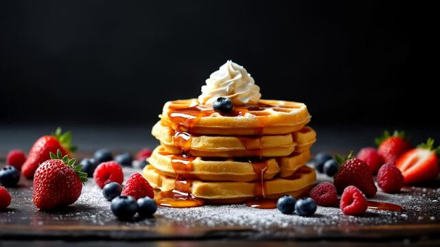 A stack of waffles with whipped cream and fruit on top