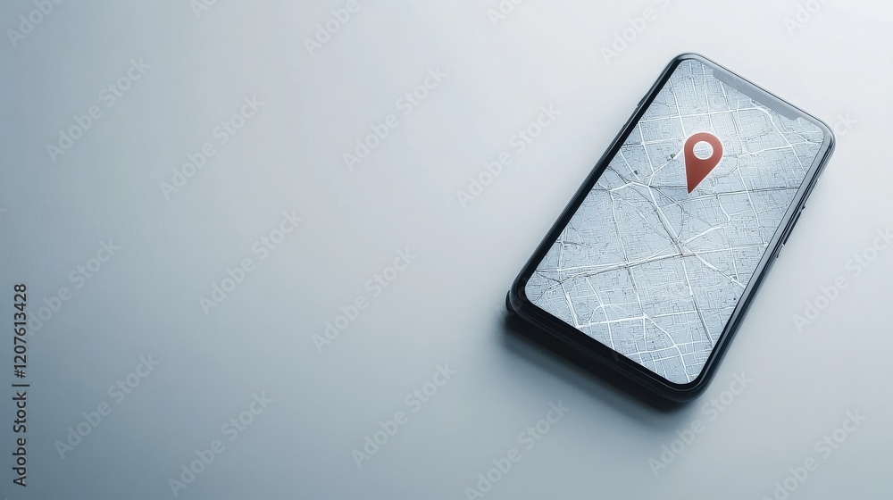 Poster Modern smartphone displaying a digital map with location pin symbol on a minimalistic background, representing navigation technology and location services for travel and exploration