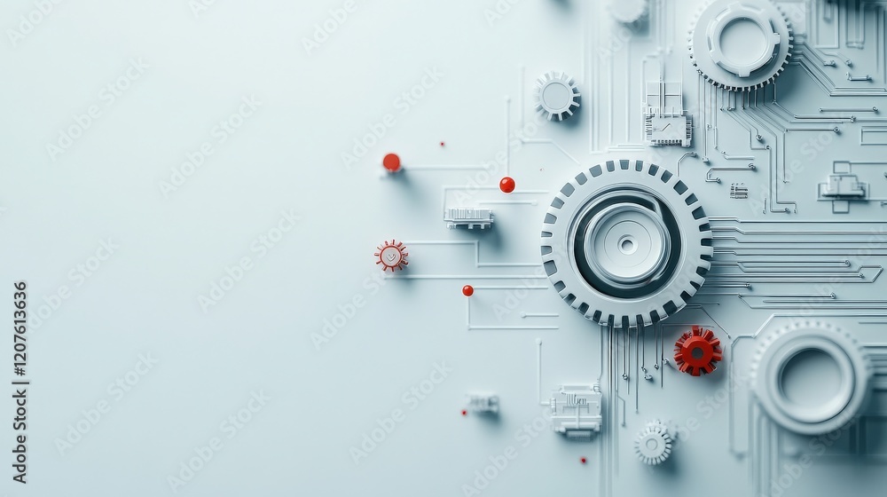 Poster Abstract representation of technology featuring gears and circuits on a minimalist background, emphasizing innovation, engineering, and modernization in design and creativity