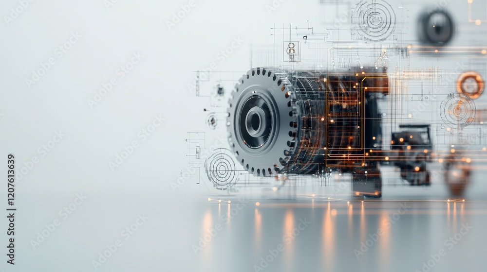 Poster Futuristic Digital Representation of Mechanical Gear with Abstract Data Visualization, Symbolizing Innovation and Technology in Industry