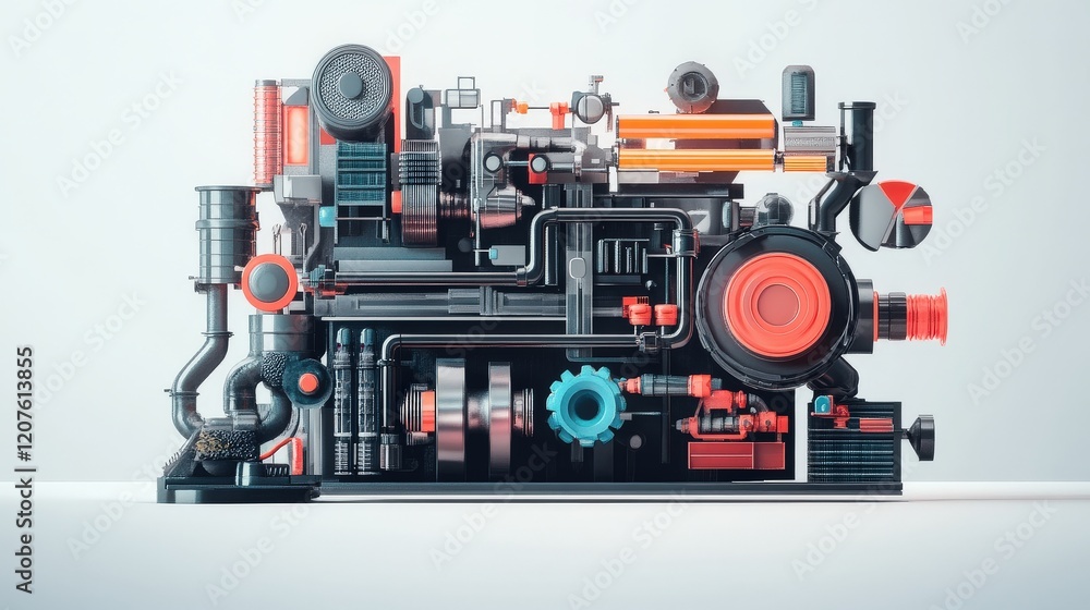 Poster abstract industrial machinery composition showcasing intricate gears, pipes, and mechanical componen