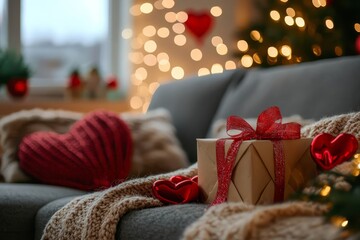 Romantic couple exchanging gifts on a cozy couch with Valentine’s decorations in the background.