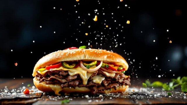 A close-up shot of a cheesesteak sandwich being sprinkled with seasonings.
