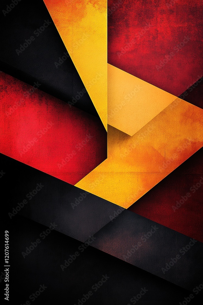 Poster layered geometric shapes create a striking modern abstract background in warm red, yellow, and deep 