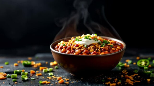 A steaming bowl of chili topped with cheese and sour cream, garnished with fresh herbs.