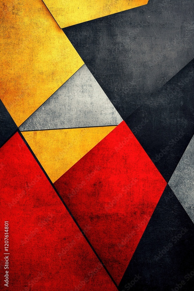 Poster layered geometric shapes in red, yellow, and black create a modern abstract background. soft texture