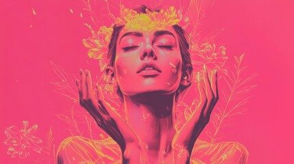 Obraz premium Serene Woman with Golden Paint Splatter on Pink Background