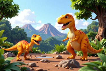 Adorable Cartoon T Rex Dinosaurs in Lush Jungle Landscape Volcanic Background