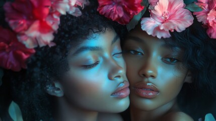 Obraz premium Two young women with flowers in their hair, dreamy and sensual portrait