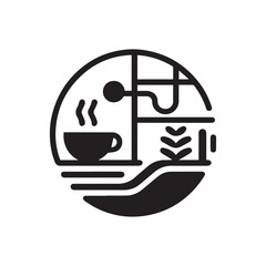 Coffee shop logo. Retro badge coffee bean and leaf branch with mountain natural icon line stamp logo vector design in vintage hipster modern style, premium coffee shop bar brand symbol icon