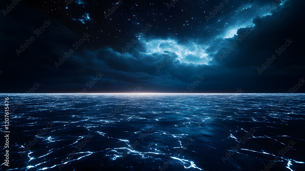 Poster a serene ocean scene at night, featuring a dark sky illuminated by stars and ethereal clouds reflect