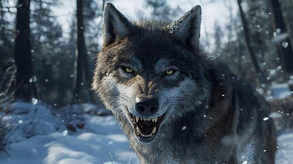 Majestic Wolf in a Snowy Forest at Night / 雪の夜の森に佇む威厳あるオオカミ