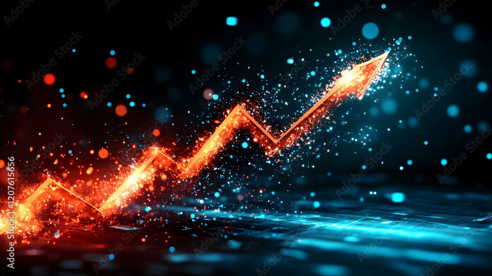 Poster a vibrant upward arrow composed of glowing particles symbolizes growth and progress against a dark, 