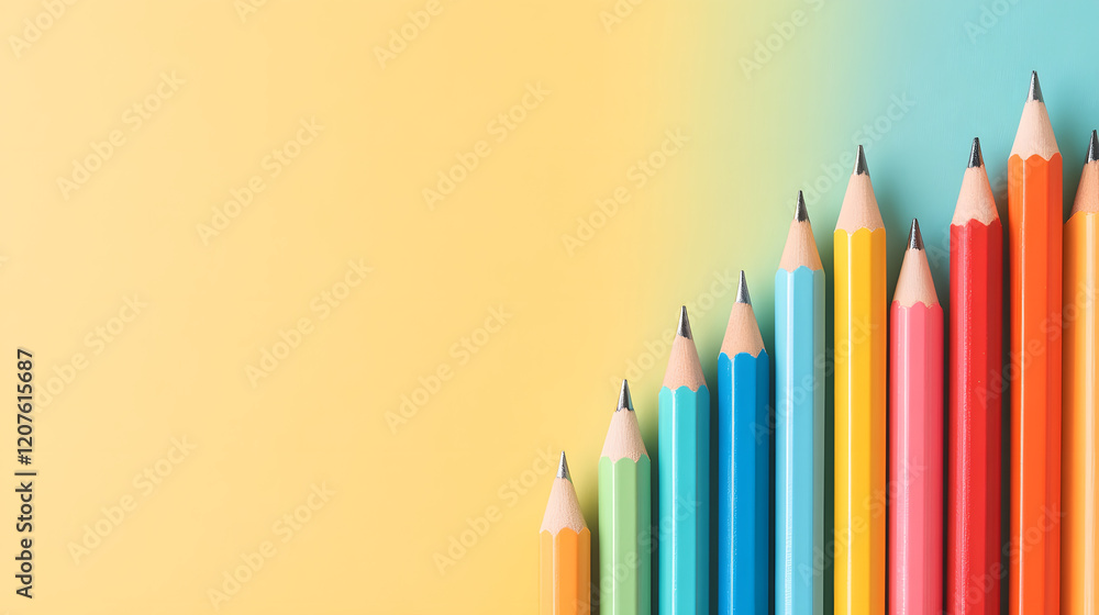 Poster A vibrant array of colored pencils arranged in an ascending line against a soft gradient background