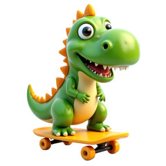 Fototapeta premium Green cartoon dinosaur on a yellow skateboard transparent background