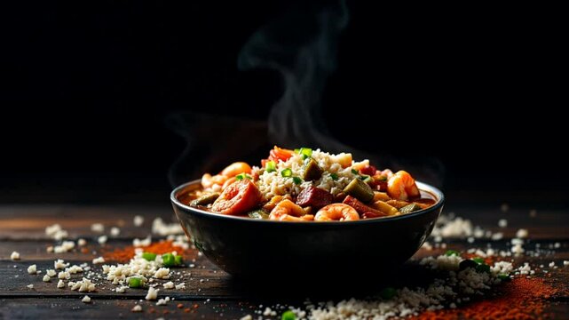 A bowl of shrimp and sausage gumbo with rice being sprinkled on top.
