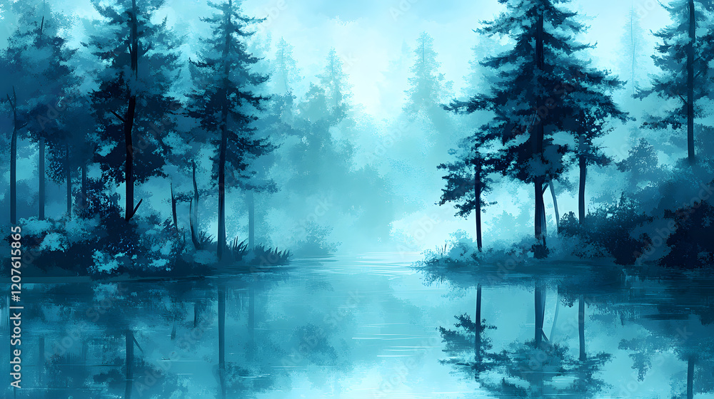 Poster a serene blue mist envelops a tranquil forest scene, reflecting trees on a calm water surface, creat