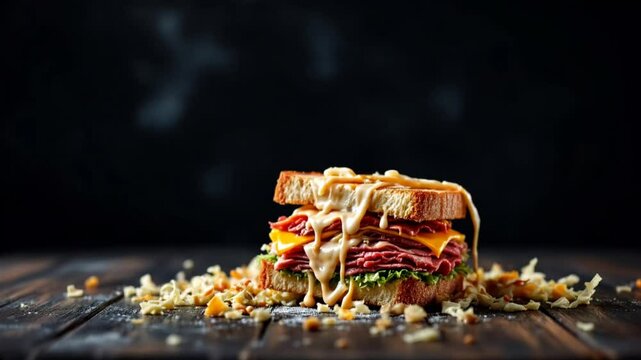 A reuben sandwich with corned beef, sauerkraut, and melted cheese on rye bread