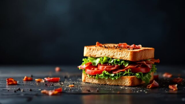 A sandwich with bacon, lettuce, tomato and bread