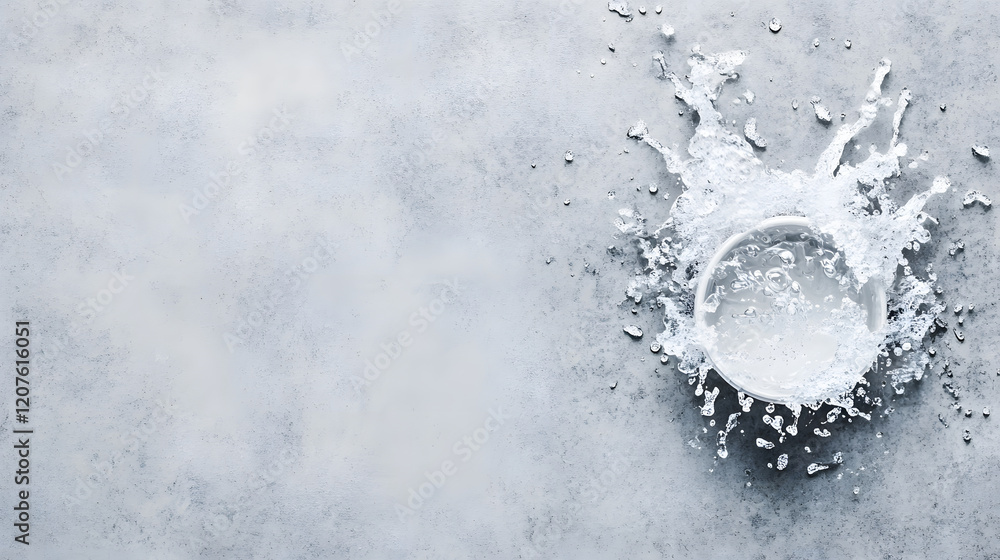 Poster a splash of water creates dynamic ripples against a textured gray surface, illustrating motion and f