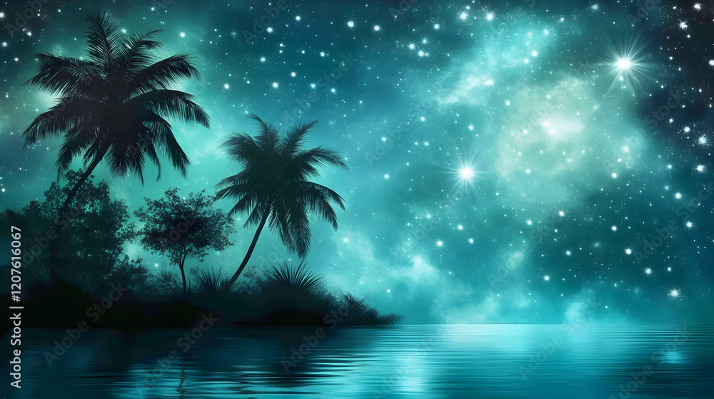 Poster a serene night scene featuring palm trees silhouetted against a starry sky with a tranquil water ref