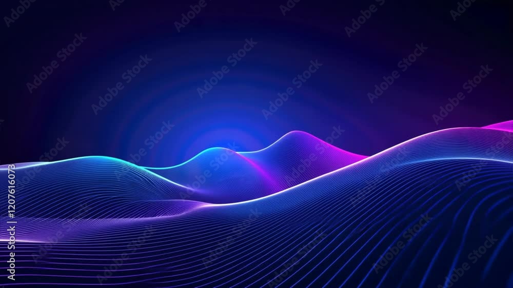 Poster vibrant abstract waves in blue and purple create dynamic, smooth design with glowing lines, evoking 