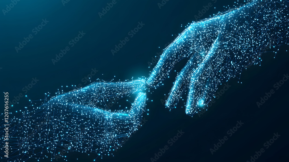 Leinwandbilder A digital representation of two hands reaching towards each other, created with sparkling particles, symbolizing connection and interaction in a futuristic context