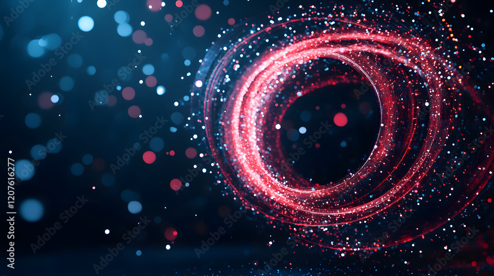 Poster A swirling, glowing pattern of red and blue particles against a dark background, creating an abstract, dynamic visual effect