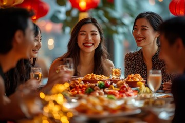 Friends enjoying traditional chinese new year reunion dinner