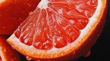 Close-up juicy grapefruit slices, dark background, food photography, healthy eating