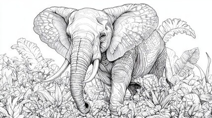 An elephant in the jungle, featured in an antistress coloring book for both children and adults