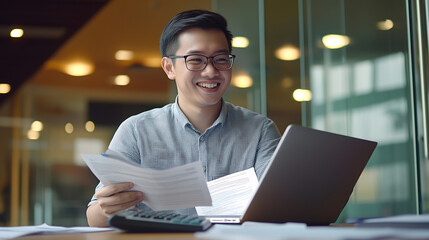 A young male entrepreneur is sitting at his desk in the office, smiling and working on a laptop computer with papers around him while holding a blank paper document